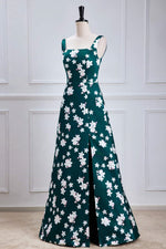 Square Neck Green Floral Print Long Bridesmaid Dress with Slit