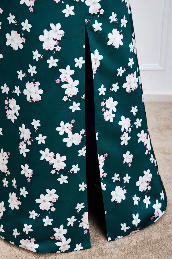 Square Neck Green Floral Print Long Bridesmaid Dress with Slit