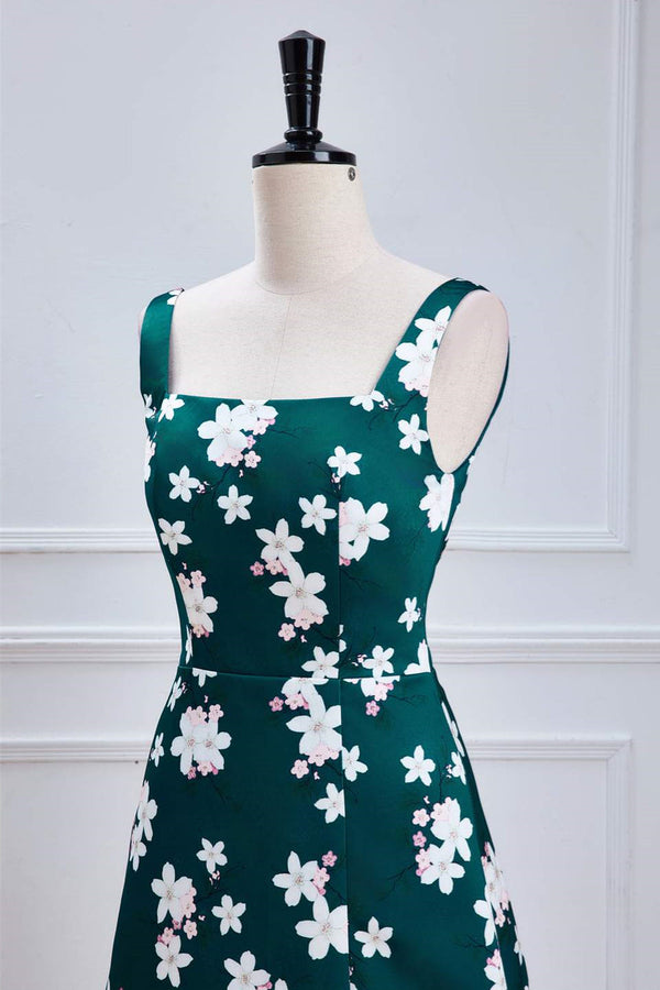 Square Neck Green Floral Print Long Bridesmaid Dress with Slit