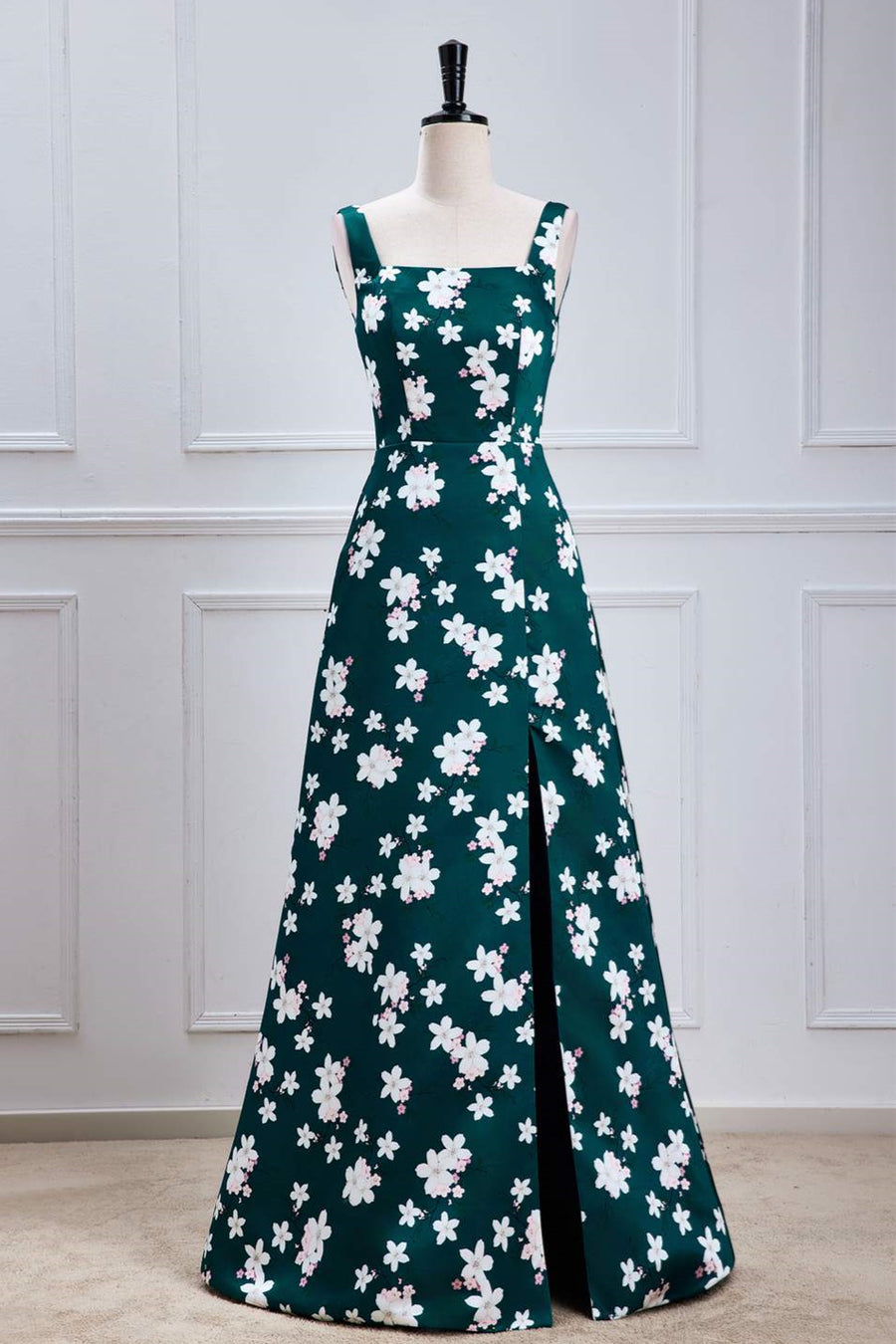 Square Neck Green Floral Print Long Bridesmaid Dress with Slit