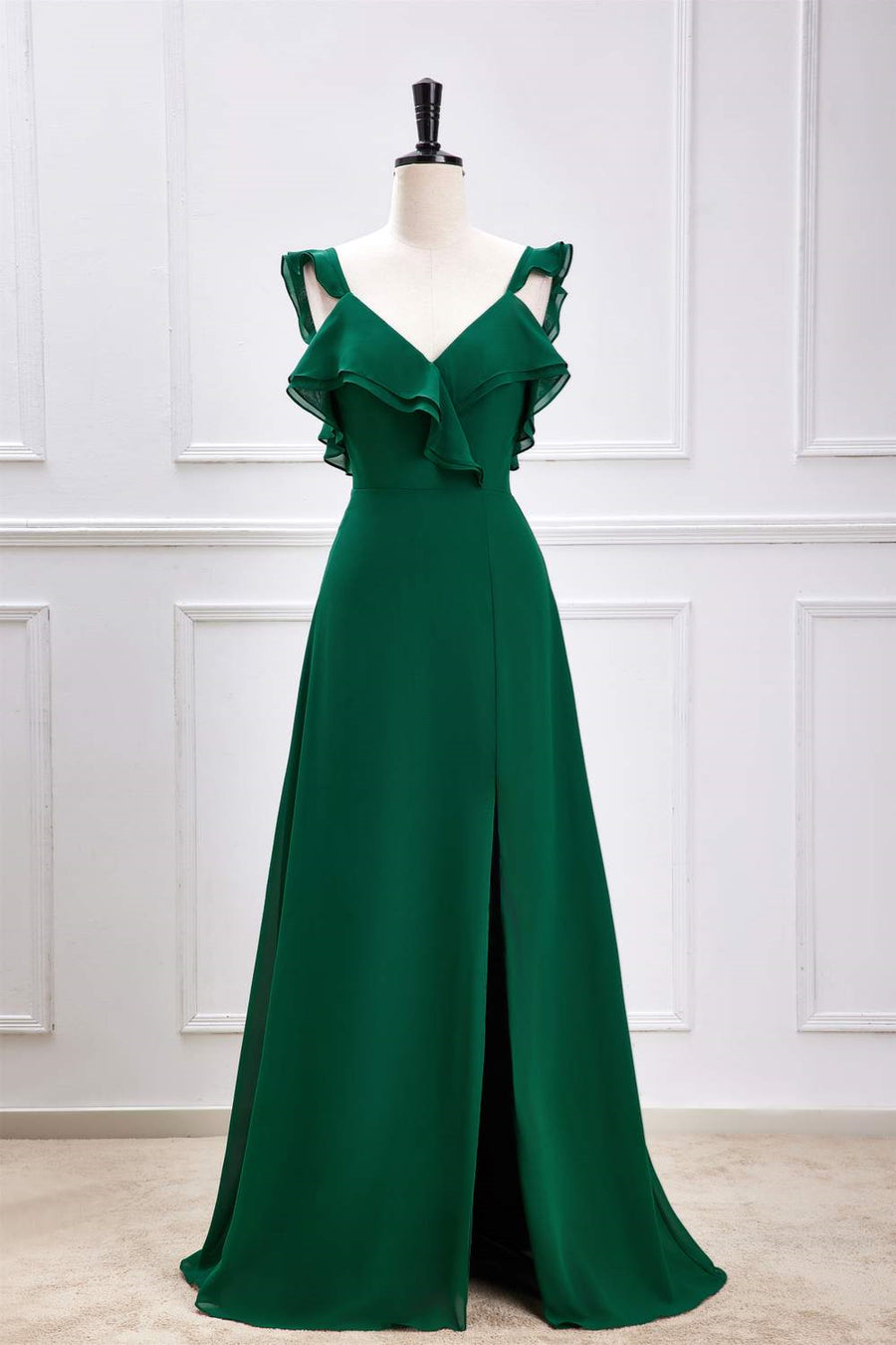 Emerald Green Ruffled Straps A-Line Bridesmaid Dress with Slit FancyVestido Emerald Green Ruffled Straps A-Line Bridesmaid Dress with Slit FancyVestido