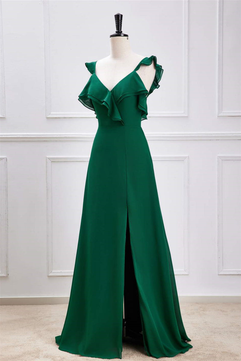 Emerald Green Ruffled Straps A-Line Bridesmaid Dress with Slit