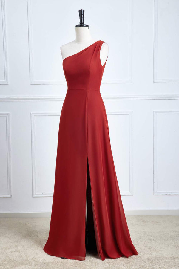 One Shoulder Rust A-Line Slit Bridesmaid Dress