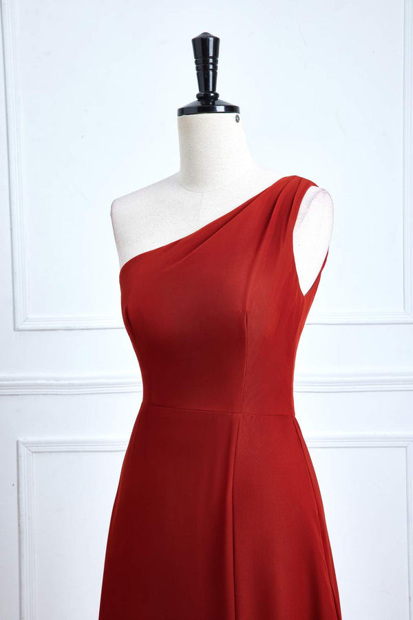 One Shoulder Rust A-Line Slit Bridesmaid Dress