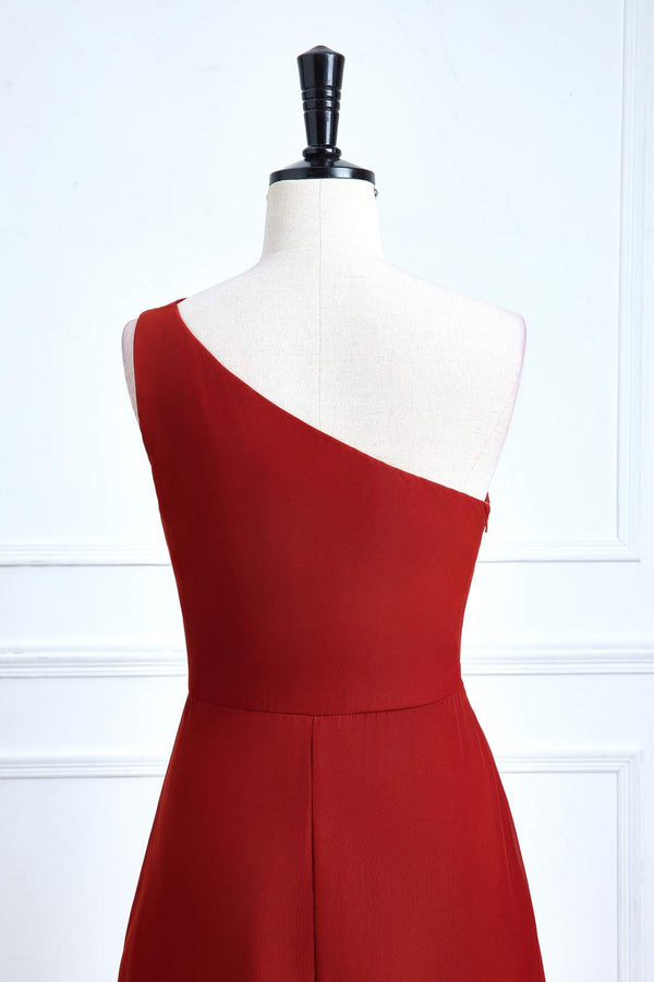 One Shoulder Rust A-Line Slit Bridesmaid Dress