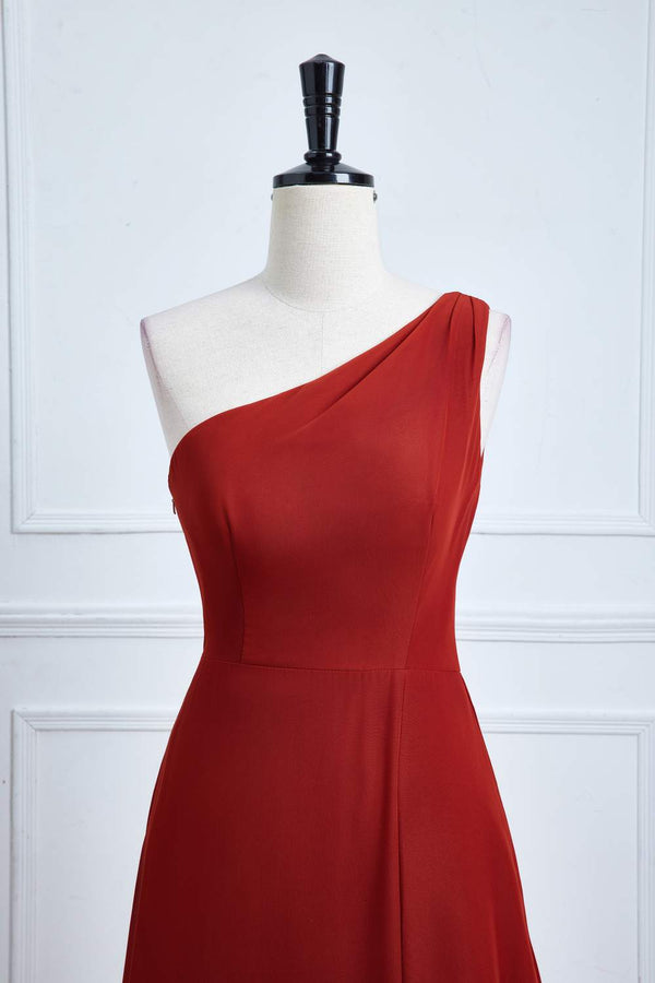 One Shoulder Rust A-Line Slit Bridesmaid Dress