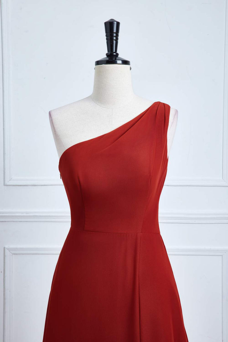 One Shoulder Rust A-Line Slit Bridesmaid Dress