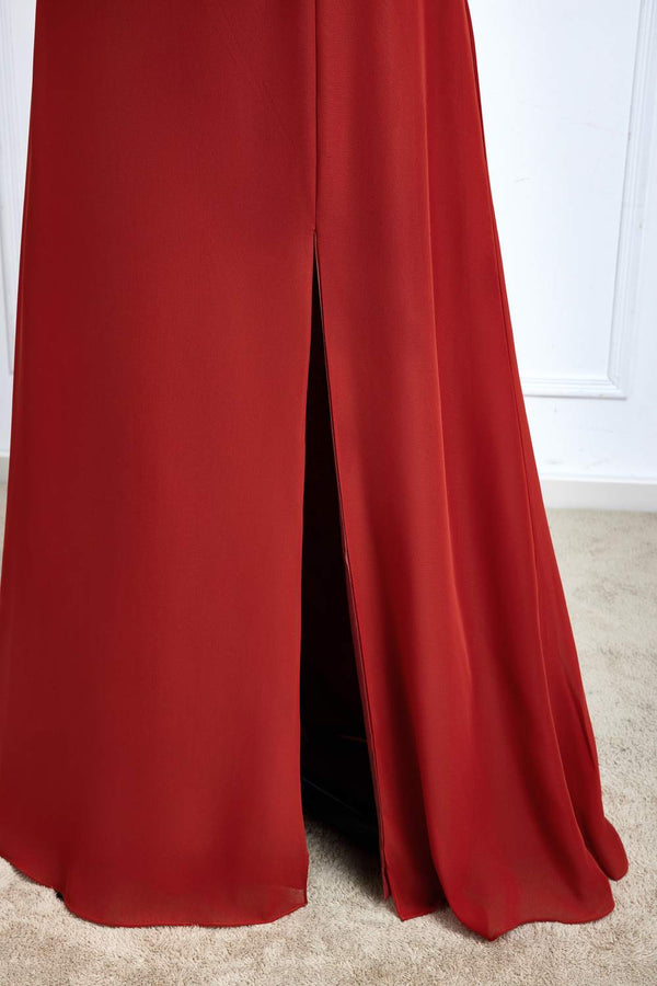 One Shoulder Rust A-Line Slit Bridesmaid Dress