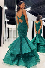 Hunter Green V-Neck Lace  Applique Layered Mermaid Dress