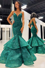 Hunter Green V-Neck Lace  Applique Layered Mermaid Dress
