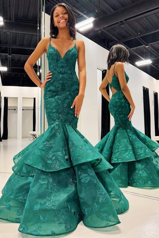 Hunter Green V-Neck Lace Applique Layered Mermaid Dress FancyVestido Hunter Green V-Neck Lace Applique Layered Mermaid Dress FancyVestido