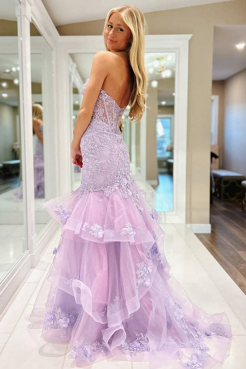 Lavender Lace Applique Ruffle Beaded Mermaid Prom Dress