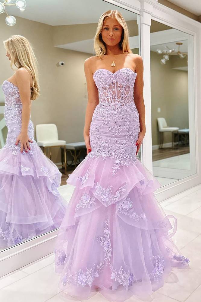 Lavender Lace Applique Ruffle Beaded Mermaid Prom Dress – FancyVestido