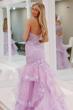 Lavender Lace Applique Ruffle Beaded Mermaid Prom Dress