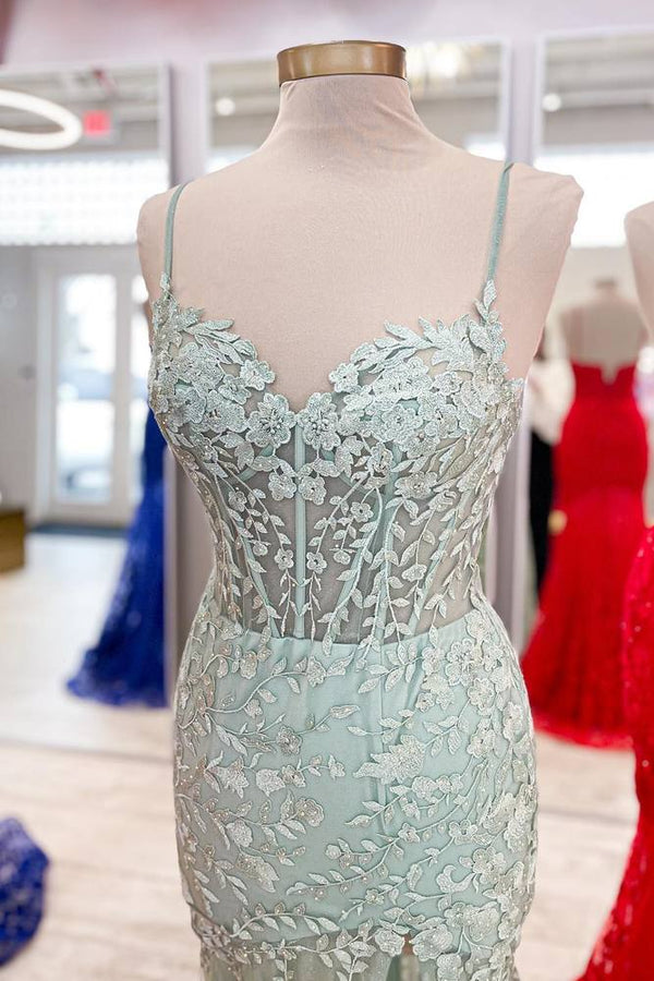 Double Straps Hot Pink Lace Applique Long Mermaid Dress