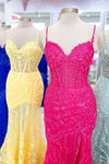 Double Straps Hot Pink Lace Applique Long Mermaid Dress