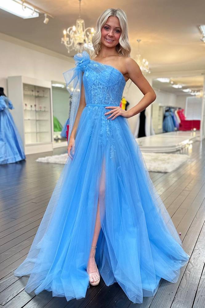 Blue One Shoulder Lace Ruched A-Line Tulle Prom Dress with Bow