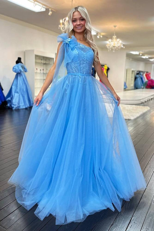 Blue One Shoulder Lace Ruched A-Line Tulle Prom Dress with Bow