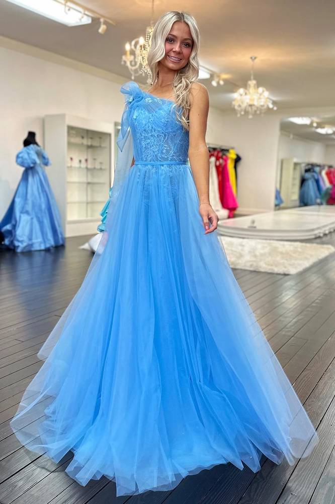 Blue One Shoulder Lace Ruched A-Line Tulle Prom Dress with Bow