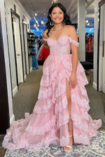 Off the Shoulder Light Pink Corset Tiered Long Prom Dress