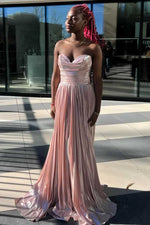 Strapless Green Metallic Pleated Long Prom Dress with Slit
