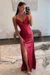 Straps Red Sequins Appliques High Slit Mermaid Long Formal Dress