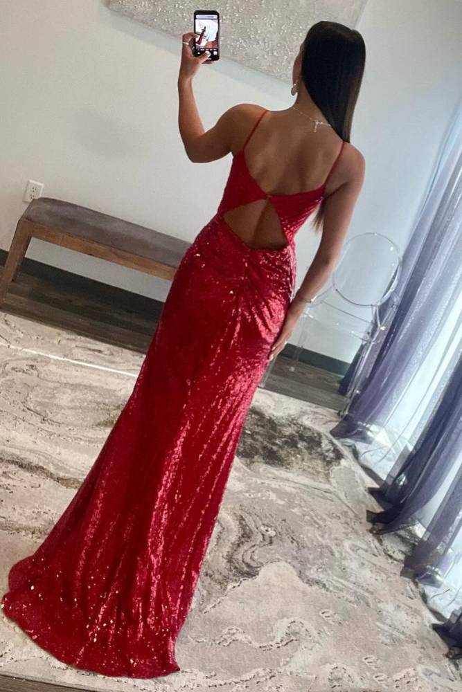 Straps Red Sequins Appliques High Slit Mermaid Long Formal Dress