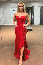 Strapless Red Sequins Ruffle High Slit Mermaid Prom Dress