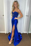 Royal Blue Lace Applique High Slit Pleated Mermaid Dress
