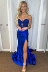 Royal Blue Lace Applique High Slit Pleated Mermaid Dress