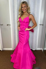 Hot Pink V-Neck Satin Mermaid Formal Dress with Bow