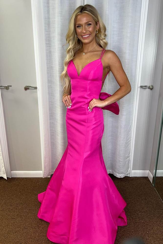 Hot Pink V-Neck Satin Mermaid Formal Dress with Bow