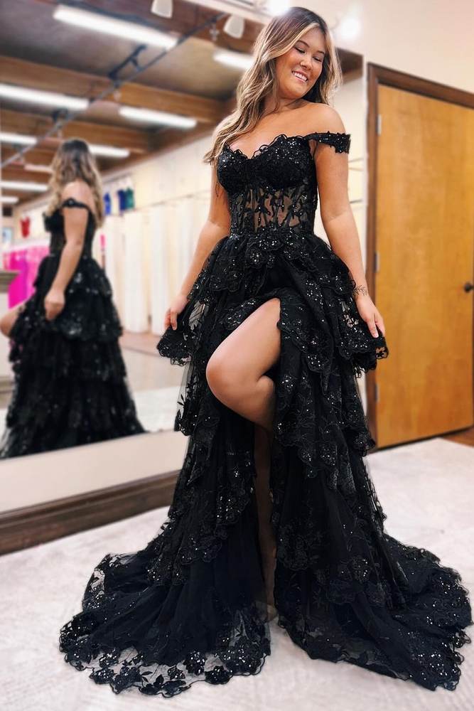 Off the Shoulder Black Lace Applique Tiered Prom Dress