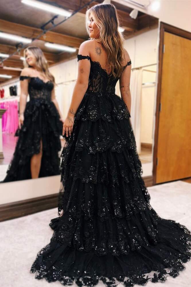 Off the Shoulder Black Lace Applique Tiered Prom Dress FancyVestido Off the Shoulder Black Lace Applique Tiered Prom Dress FancyVestido