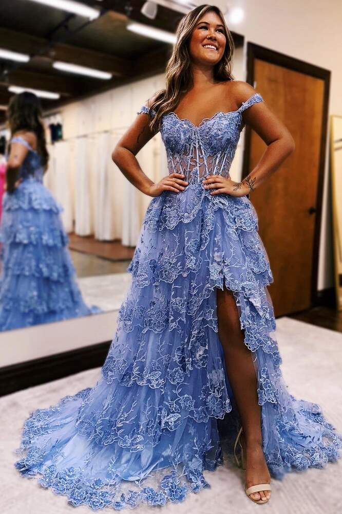 Off the Shoulder Black Lace Applique Tiered Prom Dress – FancyVestido