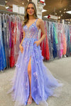 Lavender V-Neck Sequined Appliques Long Prom Dress