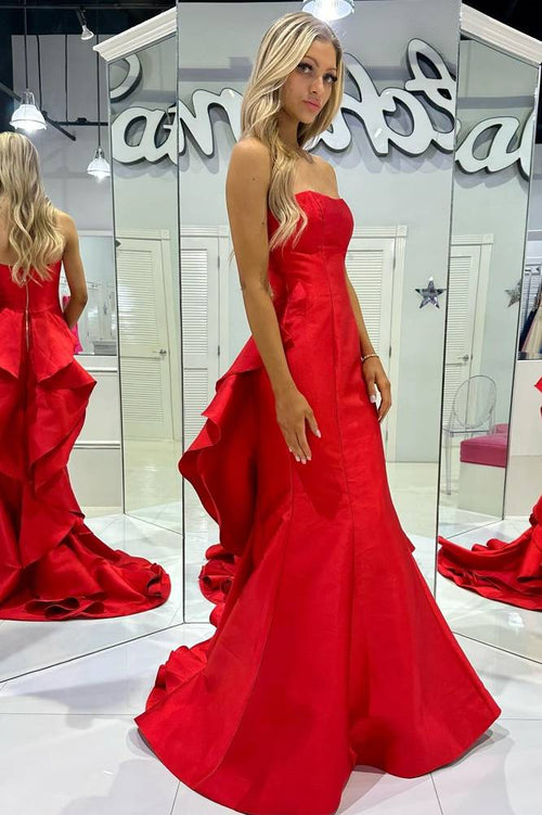 Red Satin Strapless  Ruffle Mermaid Long Prom Dress