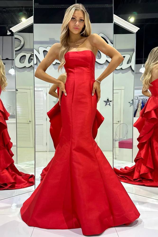 Red Satin Strapless  Ruffle Mermaid Long Prom Dress