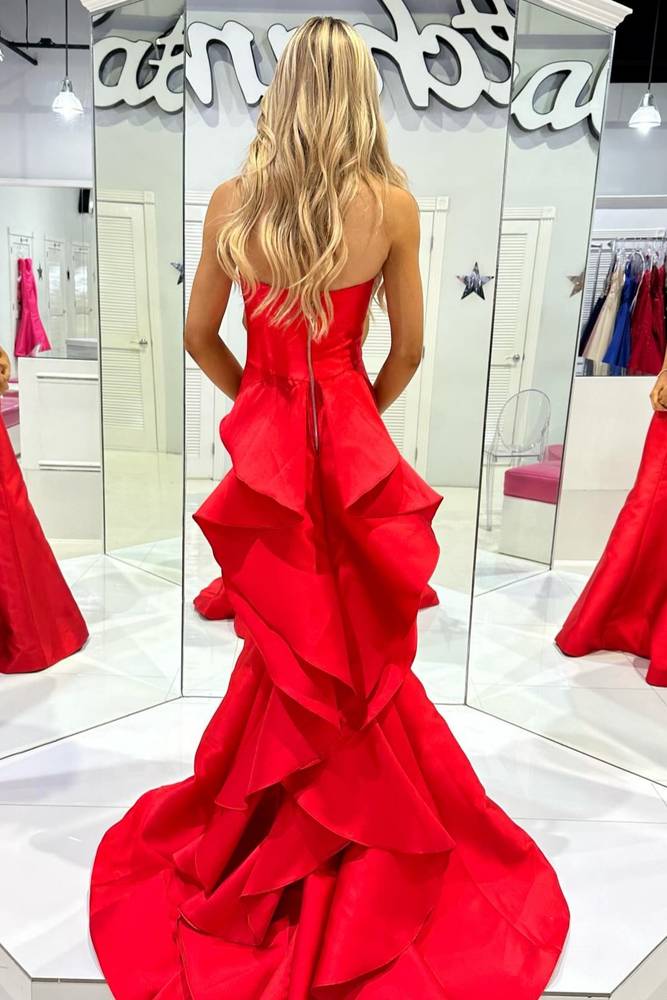 Red Satin Strapless Ruffle Mermaid Long Prom Dress FancyVestido Red Satin Strapless Ruffle Mermaid Long Prom Dress FancyVestido
