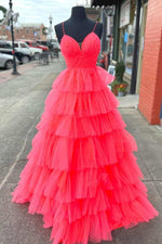 Candy Pink V-Neck Tulle Tiered Long Prom Dress