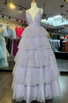 Lavender V-Neck Sequins Tulle Ruffle Prom Dress
