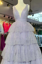 Lavender V-Neck Sequins Tulle Ruffle Prom Dress