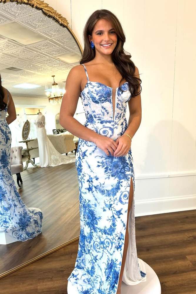 Straps Blue Floral Print High Slit Mermaid Prom Dress