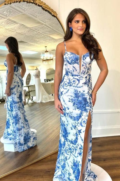 Straps Blue Floral Print High Slit Mermaid Prom Dress