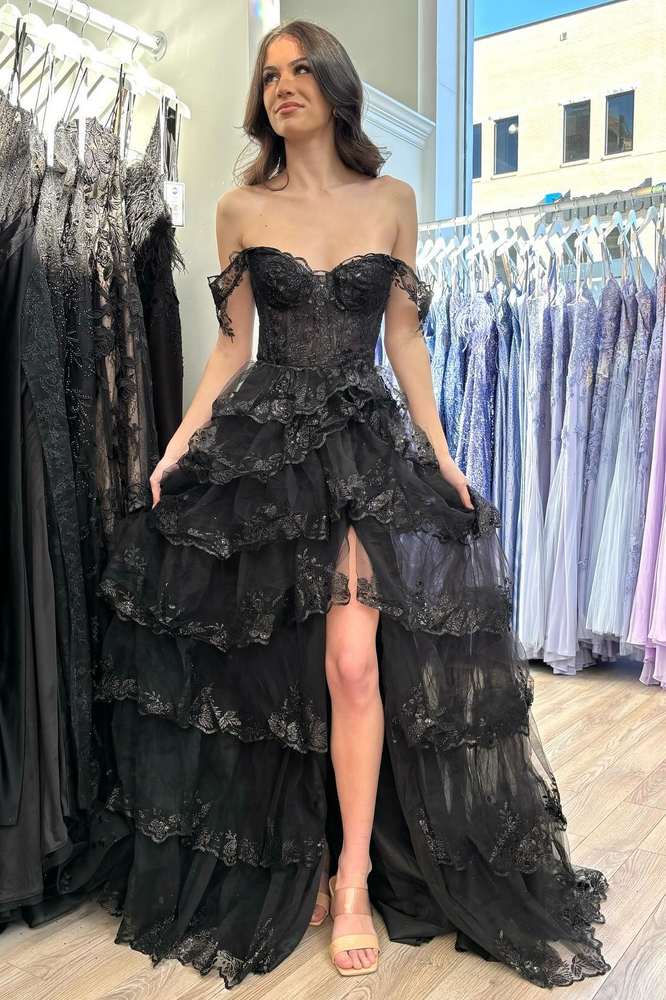 Black Off the Shoulder Lace Applique High Slit Tiered Prom Dress