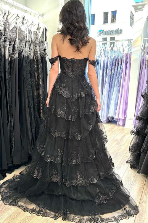 Black Off the Shoulder Lace Applique High Slit Tiered Prom Dress