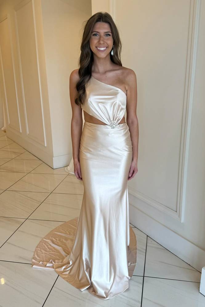 Champagne One-Shoulder Mermaid Satin Long Dress FancyVestido Champagne One-Shoulder Mermaid Satin Long Dress FancyVestido