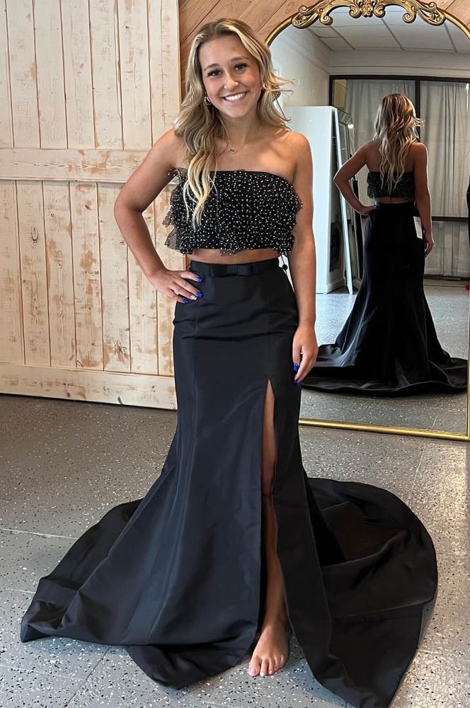 Two piece Black Strapless Mermaid Satin Long Dress FancyVestido Two piece Black Strapless Mermaid Satin Long Dress FancyVestido