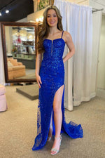 Royal Blue Plunging Neck Sweep Lace Dress with Spaghetti Strap