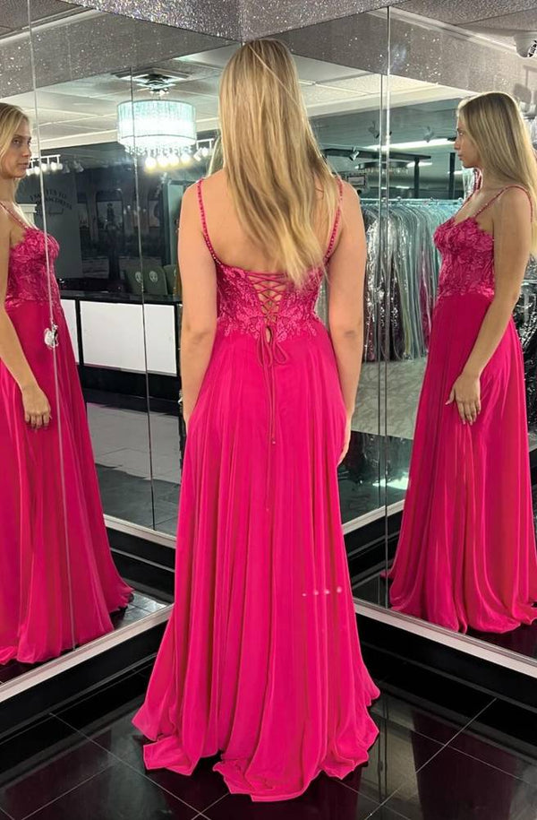 Hot Pink Sweetheart A-Line Prom Long Dress with Spaghetti Straps